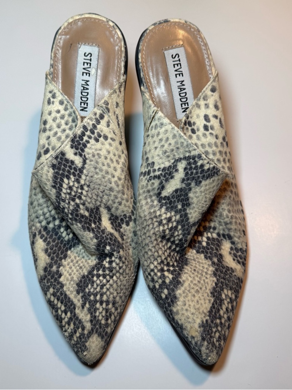 Steve Madden Snake-Print Pointed‎ Toe Slip-On Mules in Cream and Black
